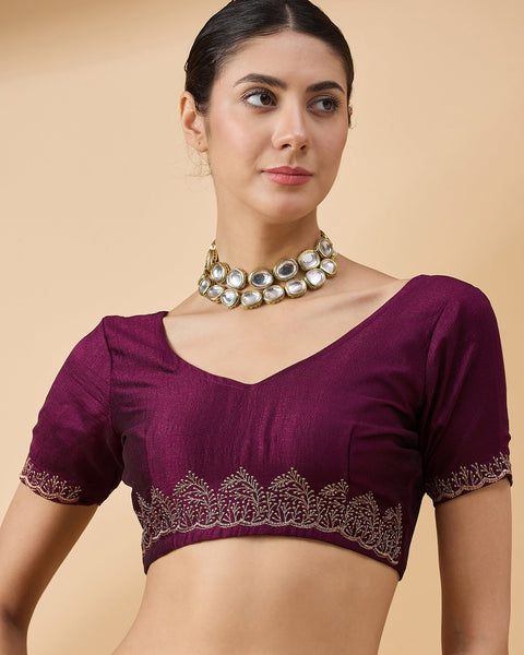 Purple Silk Blend Stone & Thread Work Saree With Embroidered Blouse