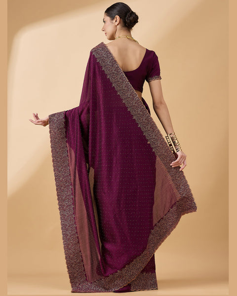 Purple Silk Blend Stone & Thread Work Saree With Embroidered Blouse