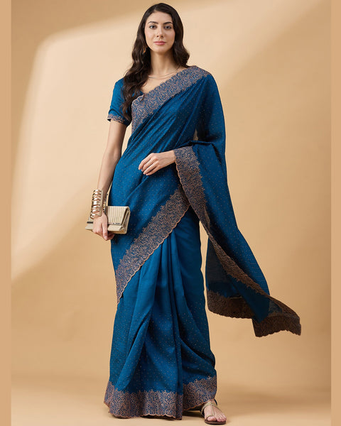 Blue Silk Blend Stone & Zari Work Saree With Embroidered Blouse