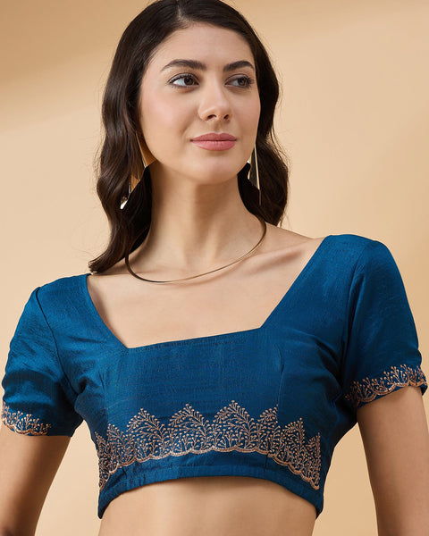 Blue Silk Blend Stone & Zari Work Saree With Embroidered Blouse