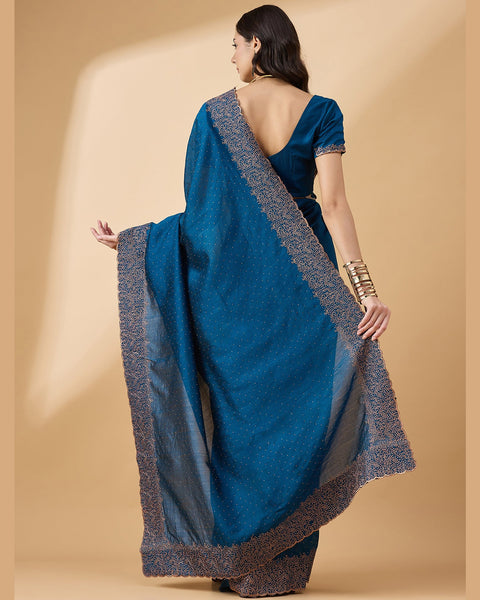 Blue Silk Blend Stone & Zari Work Saree With Embroidered Blouse