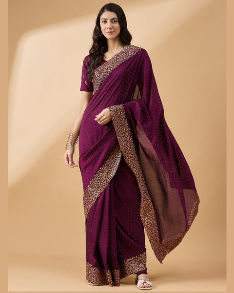 Wine Silk Blend Stone & Zari Work Saree With Embroidered Blouse