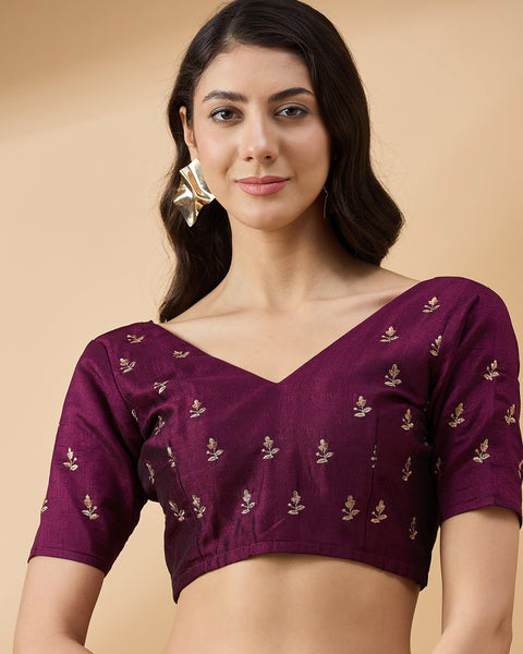Wine Silk Blend Stone & Zari Work Saree With Embroidered Blouse