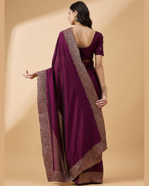 Wine Silk Blend Stone & Zari Work Saree With Embroidered Blouse