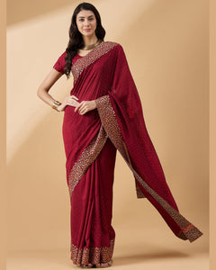 Maroon Silk Blend Stone & Zari Work Saree With Embroidered Blouse