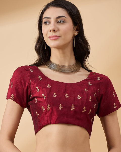 Maroon Silk Blend Stone & Zari Work Saree With Embroidered Blouse