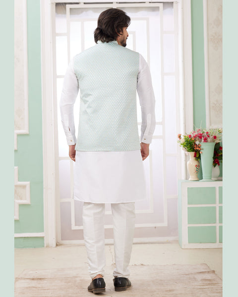 Off White Banarasi Art Silk Readymade Men Kurta Pajama Set With Jacket