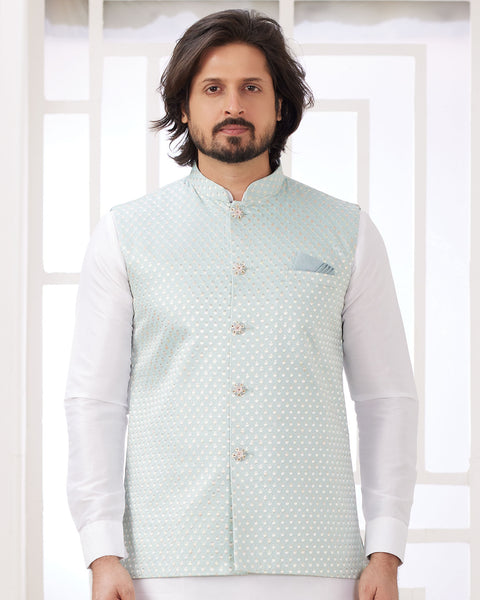 Off White Banarasi Art Silk Readymade Men Kurta Pajama Set With Jacket