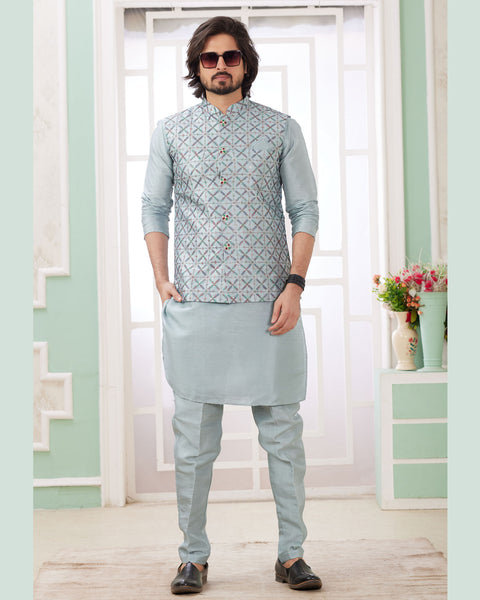 Grey Banarasi Art Silk Readymade Men Kurta Pajama Set With Jacket