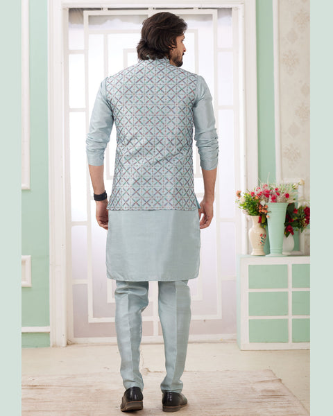 Grey Banarasi Art Silk Readymade Men Kurta Pajama Set With Jacket