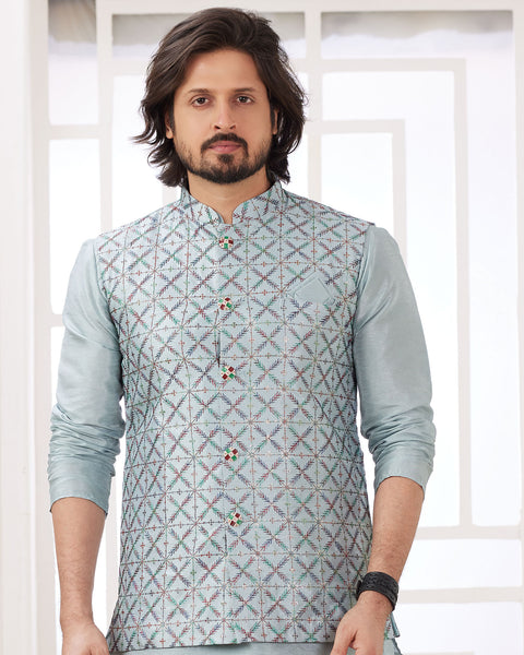 Grey Banarasi Art Silk Readymade Men Kurta Pajama Set With Jacket