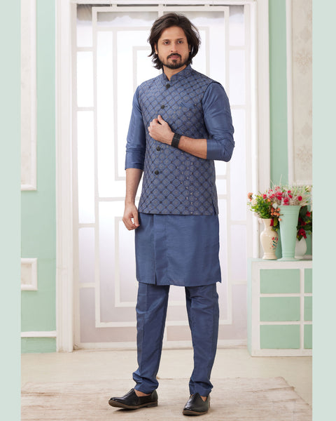 Blue Banarasi Art Silk Readymade Men Kurta Pajama Set With Jacket
