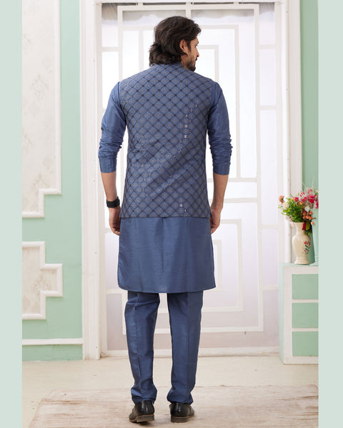 Blue Banarasi Art Silk Readymade Men Kurta Pajama Set With Jacket