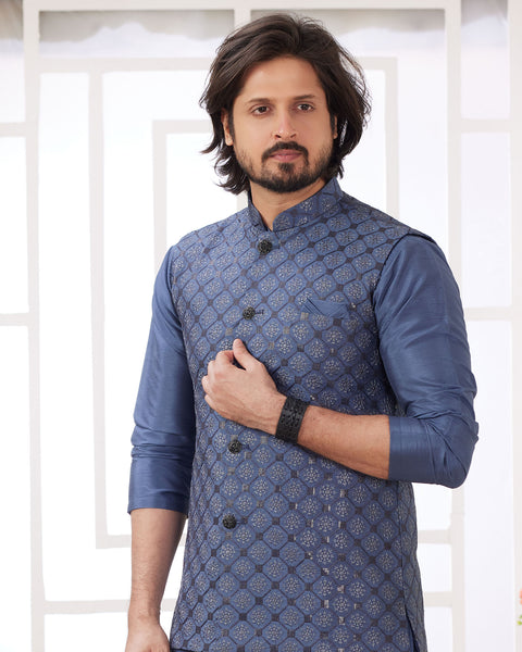 Blue Banarasi Art Silk Readymade Men Kurta Pajama Set With Jacket