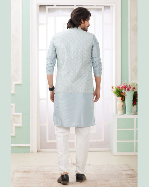 Blue Off White Banarasi Art Silk Readymade Men Kurta Pajama Set With Jacket