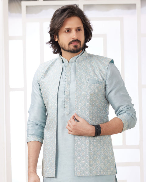 Blue Off White Banarasi Art Silk Readymade Men Kurta Pajama Set With Jacket