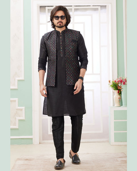 Black Banarasi Art Silk Readymade Men Kurta Pajama Set With Jacket
