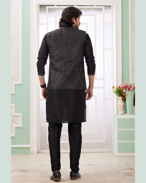 Black Banarasi Art Silk Readymade Men Kurta Pajama Set With Jacket
