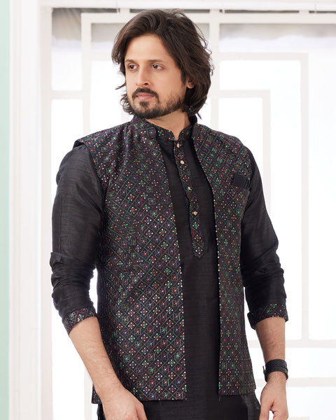 Black Banarasi Art Silk Readymade Men Kurta Pajama Set With Jacket