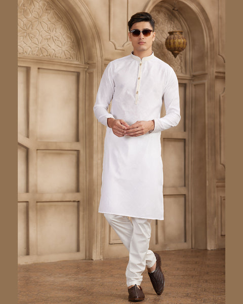 Off White Brocade Art Silk Readymade Men Kurta Pajama Set