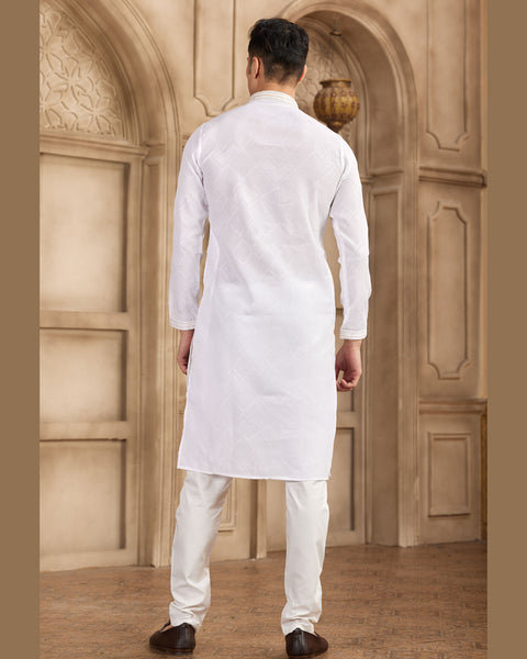 Off White Brocade Art Silk Readymade Men Kurta Pajama Set