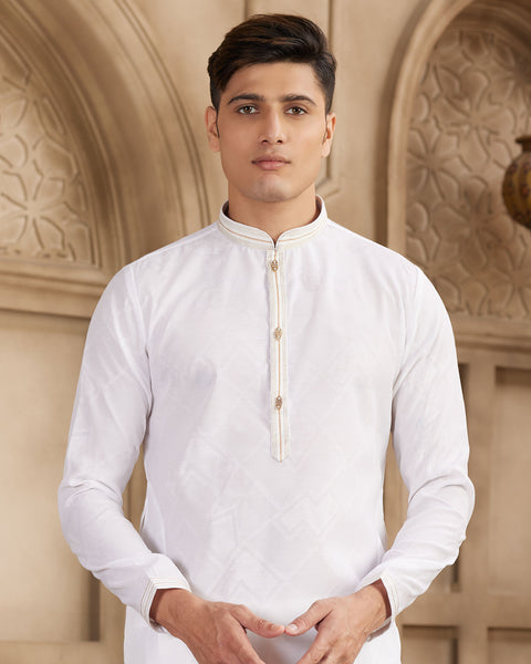Off White Brocade Art Silk Readymade Men Kurta Pajama Set