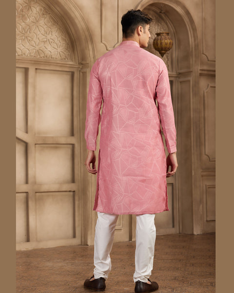 Peach Brocade Art Silk Readymade Men Kurta Pajama Set