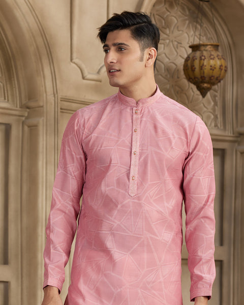 Peach Brocade Art Silk Readymade Men Kurta Pajama Set