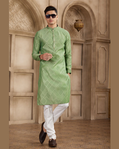 Green Brocade Art Silk Readymade Men Kurta Pajama Set