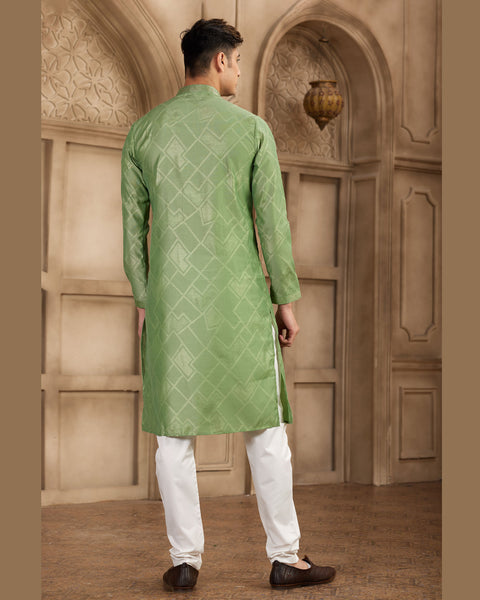 Green Brocade Art Silk Readymade Men Kurta Pajama Set