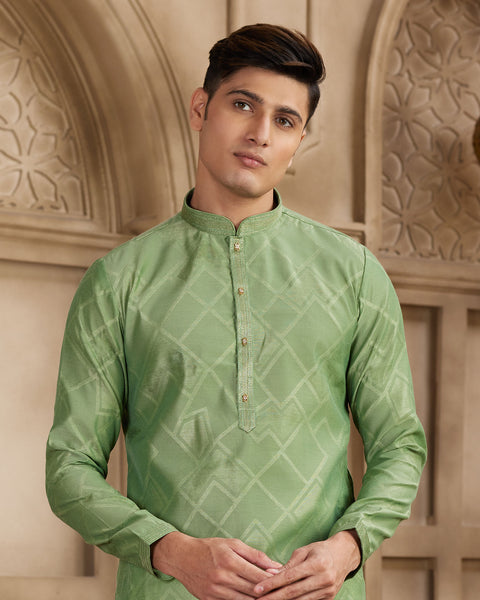 Green Brocade Art Silk Readymade Men Kurta Pajama Set