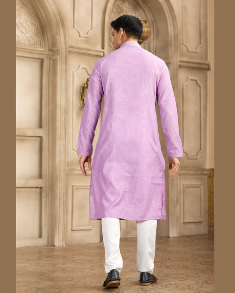 Purple Off White Brocade Art Silk Readymade Men Kurta Pajama Set