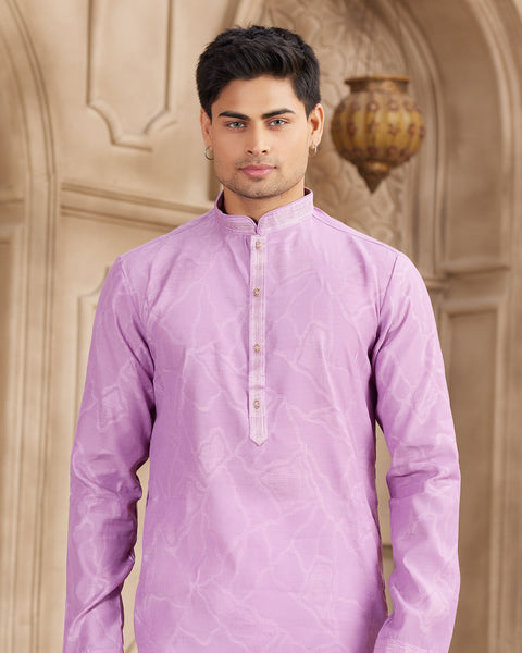 Purple Off White Brocade Art Silk Readymade Men Kurta Pajama Set