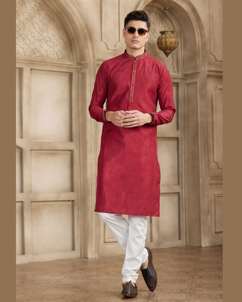 Maroon Off White Brocade Art Silk Readymade Men Kurta Pajama Set