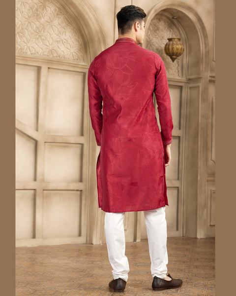 Maroon Off White Brocade Art Silk Readymade Men Kurta Pajama Set