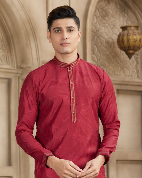 Maroon Off White Brocade Art Silk Readymade Men Kurta Pajama Set