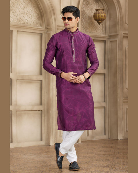 Magenta Off White Brocade Art Silk Readymade Men Kurta Pajama Set