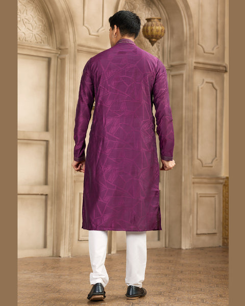 Magenta Off White Brocade Art Silk Readymade Men Kurta Pajama Set