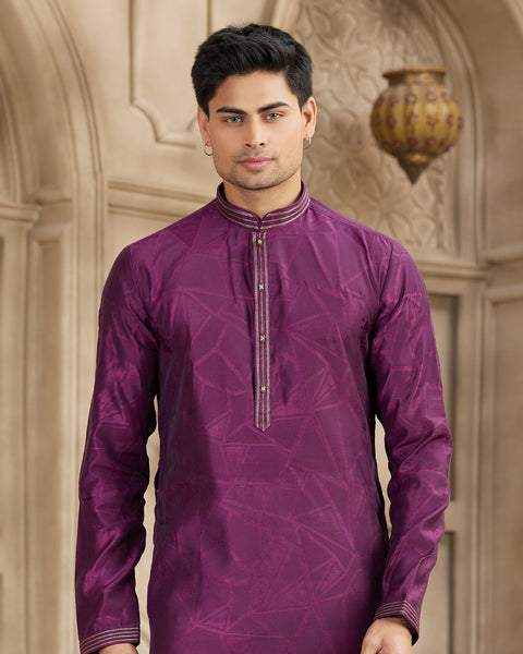 Magenta Off White Brocade Art Silk Readymade Men Kurta Pajama Set
