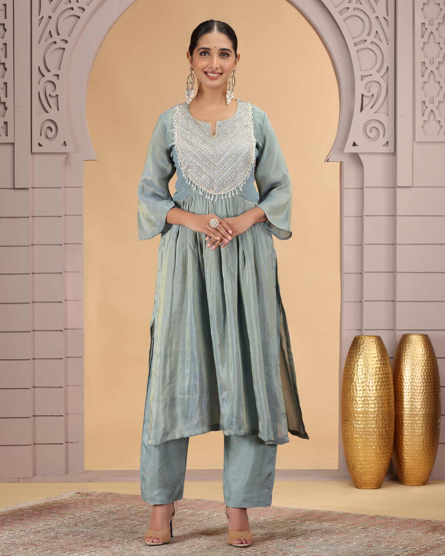 Firozi Organza Shimmer Silk Readymade Salwar Suit For Woman With Pant