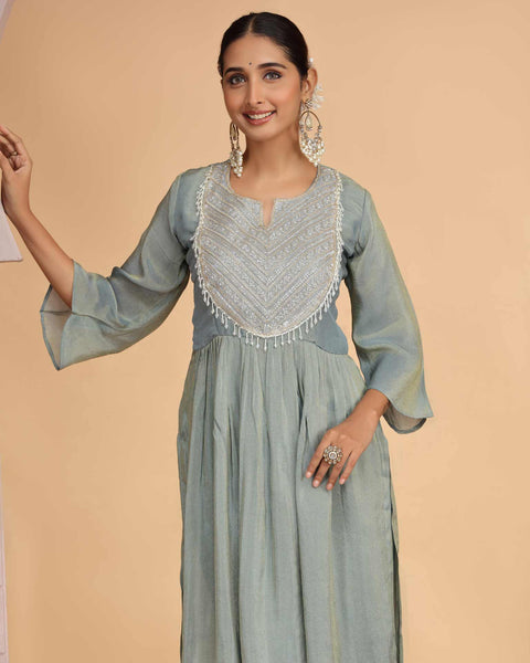 Firozi Organza Shimmer Silk Readymade Salwar Suit For Woman With Pant