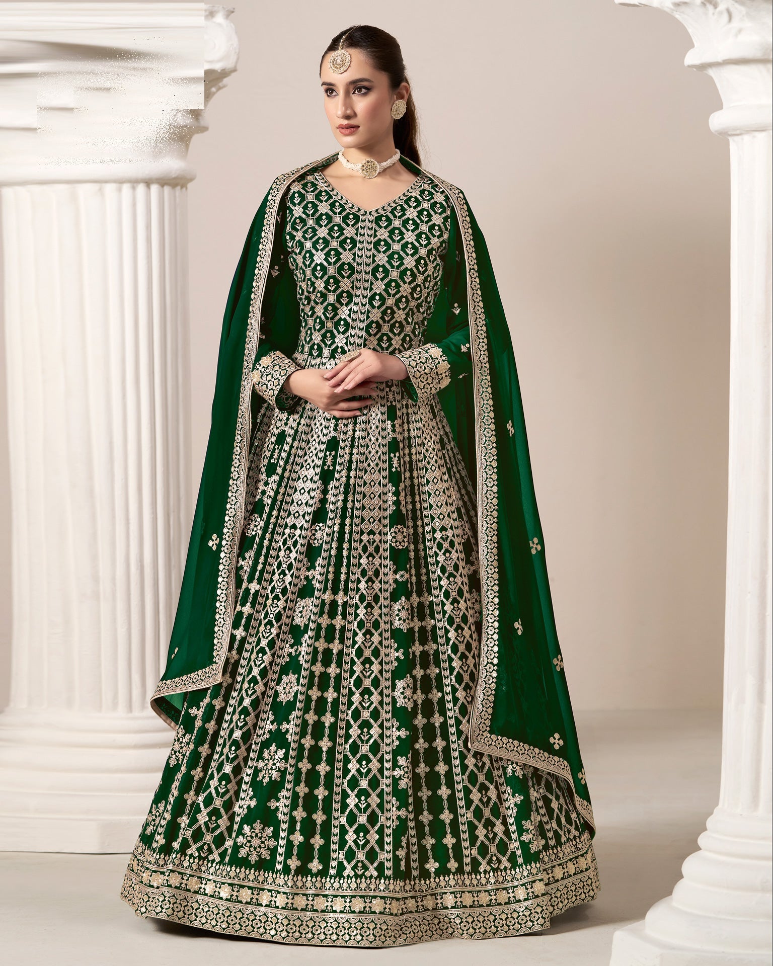 Green Zari Sequins Work Faux Georgette Women Unstitched Anarkali Suit