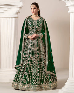 Green Zari Sequins Work Faux Georgette Women Unstitched Anarkali Suit