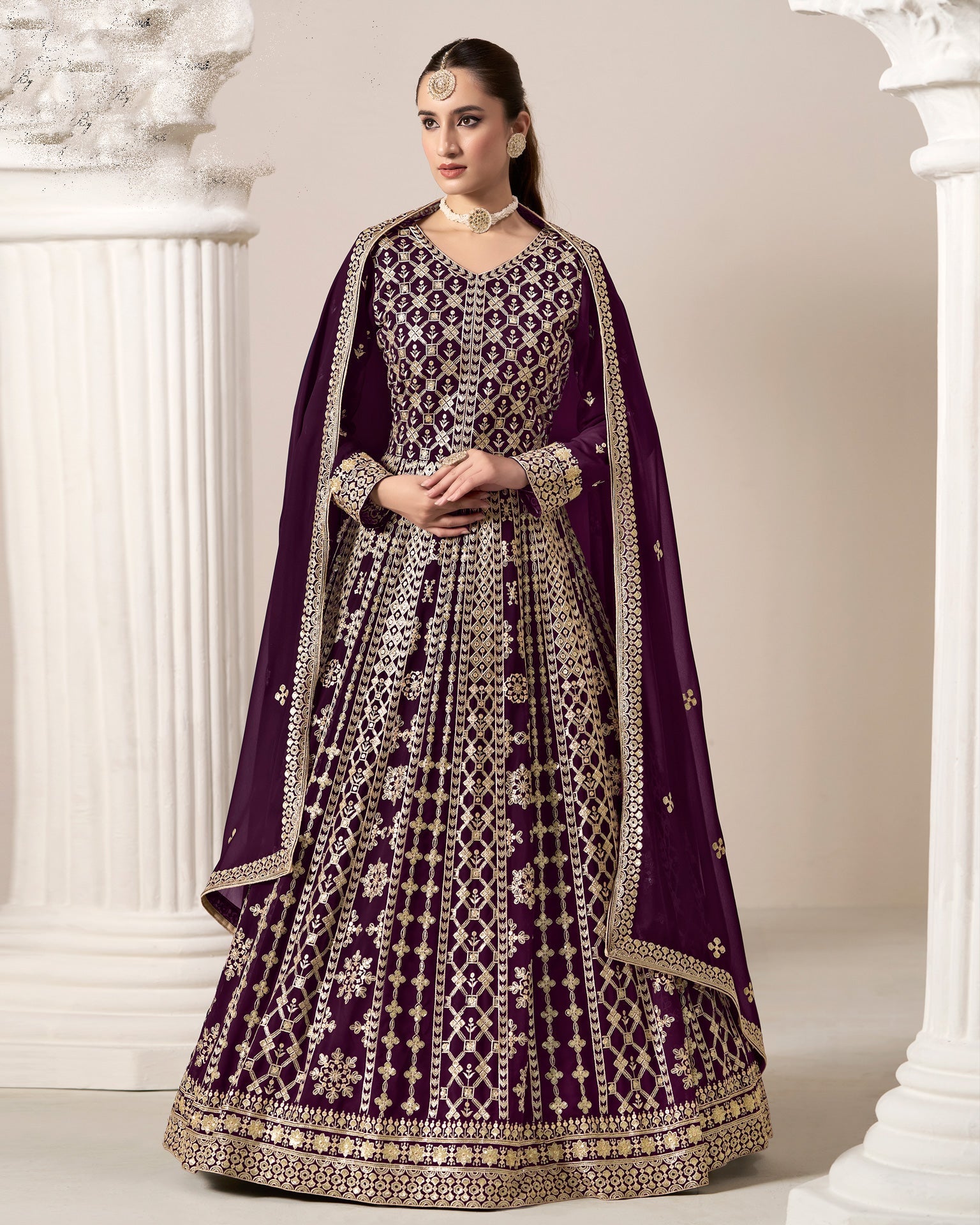 Purple Zari Sequins Work Faux Georgette Women Unstitched Anarkali Suit