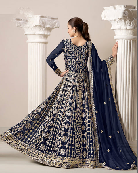Blue Zari Sequins Work Faux Georgette Women Unstitched Anarkali Suit