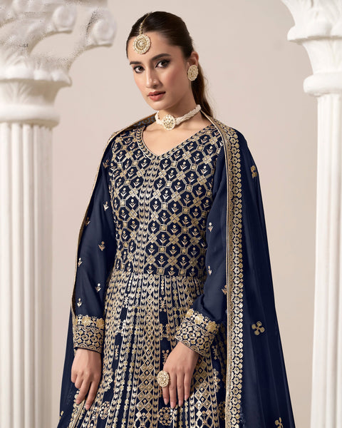 Blue Zari Sequins Work Faux Georgette Women Unstitched Anarkali Suit