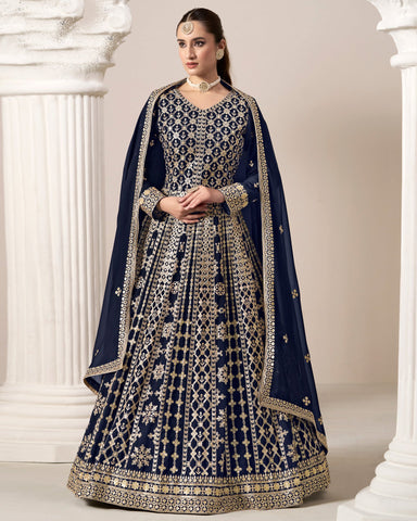 Blue Zari Sequins Work Faux Georgette Women Unstitched Anarkali Suit