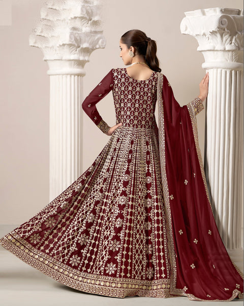 Maroon Zari Sequins Work Faux Georgette Women Unstitched Anarkali Suit