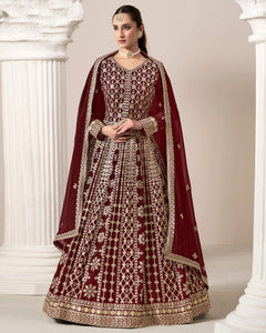 Maroon Zari Sequins Work Faux Georgette Women Unstitched Anarkali Suit