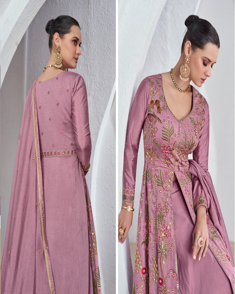 Lavender Thread Work Silk Readymade Anarkali Suit With Lehenga